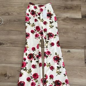 NADINE MERABI Floral Boot Cut Pants - Red and Green on White